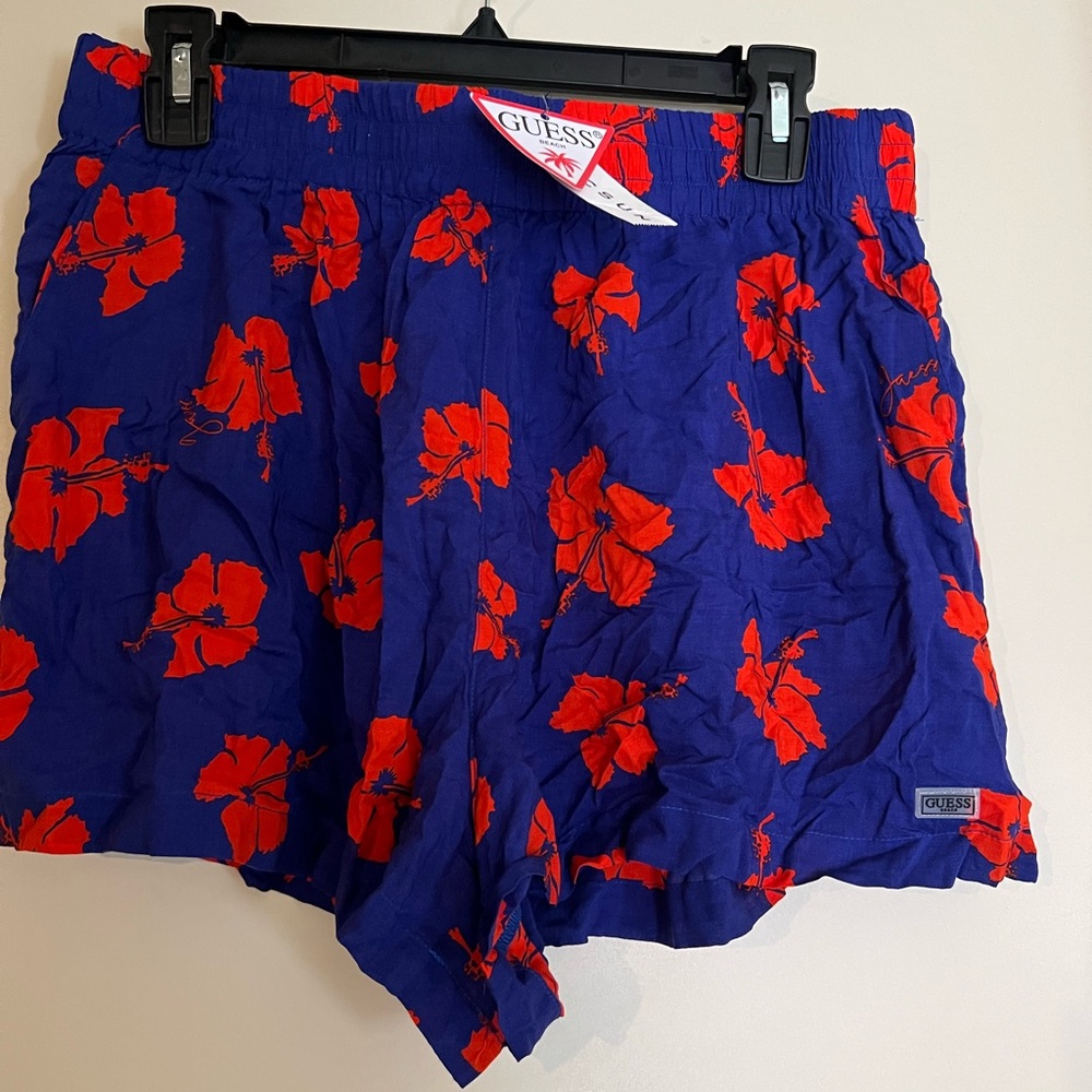 GUESS Women's Floral High Waist Shorts - Blue and Red